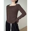 Camiseta Base de Terciopelo para Mujer Manga Larga Otoño e Invierno Interior Forrado de Felpa Engrosada Hombro Cuadrado Deseado Pescado Hueso T Top Cálido