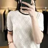 Nueva camiseta de colores sencillos para primavera y verano, cuello redondo, hueco con diamantes, elegante para mujer,通勤, algodón, moda, tejido de punto, manga corta
