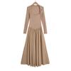 Francês 2024 Verão Novo Estilo Costura Elegante Secagem rápida Vestido de manga comprida Gola quadrada Ombro Cintura Slim-fit Vestido Feminino