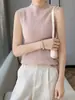 Peça única sem costura de uma linha, gola alta simples, cor sólida lisa, listrada, sem mangas, solta, casual, camisola de tricô 100% lã