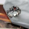 Anillo abierto de plata de ley 925 con circonita roja vintage y cadena de espinas de rosa, anillo de moda sencillo para mujer, joyería para hombre