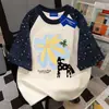 Camiseta de Verano de Algodón Puro Pesado Dulce y Fresca con Parches de Dibujos Animados Estilo Harajuku Holgada de Manga Corta con Estrellas para Hombres y Mujeres Tops de Pareja