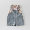 Verano Niña Pequeña Super Lindo Orejas de Conejo Lindo Conjunto de Dos Piezas Bebé Niña Chaleco a Rayas + Overol de Mezclilla
