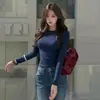 Cuello Redondo Manga Corta Algodón Térmico Capa Base Mujer Otoño e Invierno Nuevo Versátil Hombro Normal Manga Larga Camiseta Top Mujer