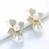 Aretes de Flor de Zirconia y Perla con Aguja de Plata 925 Pendientes de Alta Gama de Moda Versátiles Frescos y Dulces Estilo Coreano Nicho para Mujer