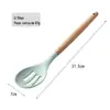 Verde fresco 12 peças cabo de madeira silicone conjunto espátula espátula colher de sopa utensílios de cozinha tubo de armazenamento