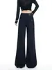 Pintura a Tinta LavadaJeans Preto Micro-Flare Feminino 2026 Outono Inicial Fino de Cintura Alta Solto Modelador de Corpo Calça Longa com Caimento