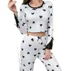 Pijama de Encaje Amor de Cuello Redondo de Encaje de Manga Larga de Venta Caliente para Mujer para Usar Afuera Pantalón Traje de Dos Piezas
