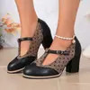 Nuevos zapatos de mujer de encaje Mary Jane de talla grande para comercio exterior, zapatos con tira en T de color bloqueado, zapatos de tacón alto grueso con hebilla de corte bajo para mujer