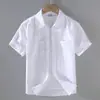 9048 Camisa de Lino de Manga Corta de Verano para Hombre Camisa Casual de Algodón y Lino con Cuello Cuadrado para Hombre Top de Lino de Color Sólido de Media Manga