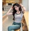 Camiseta Americana de Manga Corta para Mujer Verano 2025 Nueva Lujuria Pura Sexy Ajustada Color Contraste Hombro Derecho Top Corto para Personas Pequeñas