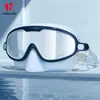Gafas de natación para adultos de marco grande con protección nasal, anti-niebla de alta definición, protección UV, campo de visión amplio, tapones para los oídos integrados