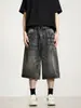 Shorts Jeans Vintage Lavado de Corte Solto Estilo Retro Americano para Homens e Mulheres, Calças de Comprimento Médio Wide-Leg com Design High Street