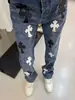 Nuevos jeans de marca de moda con parche de cuero de llama cruzada lavada para hombre, moda versátil casual de pierna recta holgada de la calle