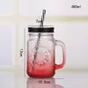 Em estoque copo de vidro Mason copo para bebidas copo de vidro quadrado com alça copo para drinks copo para milkshake copo para bebidas copo com canudo copo de gelo crisântemo