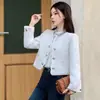 Casaco Curto Chic de Outono para Mulheres com Gola de Botões de Pétalas, Gola Dupla com Contas, Elegante Cardigã de Manga Longa