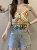 Crochê de Menina Quente Tailandesa Camisola de Malha Vazada Feminina de Verão Sexy Peça Externa Top Curto Sem Mangas Cardigã