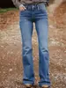 Calça jeans larga de cintura alta, com stretch, de cor azul, com bolso traseiro bordado, para mulheres, de importação.
