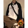 Moletom Polo Meio Zíper Contraste Preto e Branco Estilo Preppy Solto Retrô Americano Primavera e Outono Top de Manga Longa para Estudante Masculino