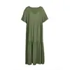 Vestido Feminino de Verão 2025 Amazon Europeu e Americano Tamanho Plus Cor Sólida Solto Plissado Decote V Manga Curta Linha A Longo para Mulheres
