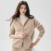 Cardigan de Caxemira com Capuz de Camada de Ar com Zíper Duplo Feminino Malha Grossa Roupa Externa Capuz Solto com Cordão Jaqueta de Inverno