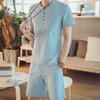 Traje de lino de verano de manga corta para hombre, estilo chino, camiseta de lino de algodón con cuello en V, top informal de media manga de lino moderno para hombre, fino