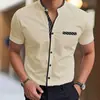 Camisa Masculina Transfronteiriça com Gola Alta e Manga Curta com Estampa 3D, Cardigã de Tamanho Grande, Versátil Corte Reto Casual Solto para Uso no Trabalho
