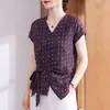 Blusa Elegante Estampada com Decote V de Manga Curta para Mulheres Verão 2026 Novo Design Camisa para Mãe Top Fino e Emagrecedor