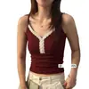Moda Primavera e Verão Camisola Patchwork de Renda com Botões para Mulheres com Bojos, Top Sexy, Ajuste ao Corpo Camada Base Versátil Roupa Íntima
