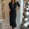 Vestido de Verano Estilo Francés con Estampado Digital para Mujer Transfronterizo Manga Corta Cuello en V Plisado Cintura Alta Falda Larga Floral