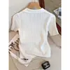 Nuevo estilo primavera y verano, top de punto de seda helada con cuello polo para mujer, camiseta de manga corta fina, holgada, adelgazante y favorecedora para mujer