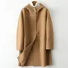 Abrigo de lana para mujer transfronterizo para otoño e invierno, elegante con bolsillos, corte holgado, moderno abrigo de lana de doble cara con capucha al por mayor