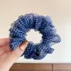Goma para el pelo de malla azul a cuadros estilo coreano para mujer, tacto de alta gama, para moños, accesorio de pelo supergrande, goma para el pelo, flor de pelo