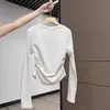 Camiseta de Algodón Puro Gris Oscuro de Hombro Normal de Manga Larga para Mujer, Otoño, Combina con Pantalones de Pierna Ancha, Top Base Ajustador de Cintura Plisado Adelgazante
