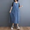 Foto Real de Vestido Chaleco de Mezclilla Listo para Usar, Estilo Nuevo, Talla Grande, Cintura Alta, Ajustado, Holgado, Casual, Vestido de Algodón sin Mangas