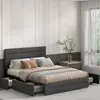 Cama de armazenamento estofada em tecido cinza escuro de fábrica de comércio exterior, cama de casal de grande capacidade com quatro gavetas de armazenamento, personalizável para comércio transfronteiriço
