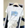 Esencial de Verano Estilo Coreano Moderno Versátil Camiseta Blanca de Algodón Cuello Redondo Manga Corta para Mujer