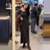 Vestido Largo de Cuello en V Estilo Francés Combinado con un Abrigo, Liso Plisado, Ceñido a la Cintura, Adelgazante, Vestido Bodycon para Mujer, Nuevo Modelo de Otoño e Invierno