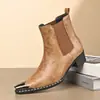 Botines Chelsea Retro de Cuero Agrietado para Hombre con Puntera Metálica, Punta Cuadrada, Tacón Grueso, Estilo Británico, Botines de Tobillo sin Cordones para Hombre
