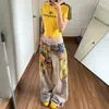 Camisa Xadrez Amarela, Calça Jeans Estampada, Calça Feminina, Nova Moda Verão 2026, Calça Larga Solta, Calça Scimitar