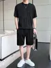Traje Casual de Seda de Hielo para Hombre Verano Tendencia Celebridad de Internet Camiseta de Color Sólido Pantalones Cortos de Manga Corta Conjunto de Dos Piezas Atractivo