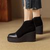 Botas Meia-Pata com Salto Anabela de Salto Grosso, Aparência Slim, Aumento de Altura de 9CM, Botas de Pedal, Moda Britânica, Versátil, Bico Redondo