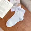 Meias Femininas de Algodão na Altura da Panturrilha com Laço, Borda Bolha Texturizada, Estilo Fino para Primavera e Verão, Meias Simples e Versáteis