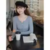 Camiseta básica de cuello alto para mujer, nuevo estilo de otoño, suéter dulce, corte ajustado, estiliza la figura, para llevar por dentro, top de punto para mujer, gris