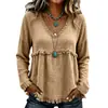 2026 Verano Nuevo Estilo Europeo y Americano Holgado Cuello en V Transfronterizo Camisa de Mujer Camiseta de Manga Larga con Flecos Color Sólido Top Casual