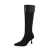 Botas Skinny de Veludo Femininas de Cano Alto Longas Outono Inverno Nova Chegada Bico Fino Zíper Lateral Salto Agulha Botas Longas Acima do Joelho Botas Femininas de Cano Alto