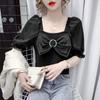Camisa Slim de Manga Bufante para Mulheres 2025 Primavera e Verão Nova Gola Quadrada Design de Laço Top Roupas Femininas Elegantes e da Moda