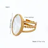 Anel Oval Elegante, Moderno, Luxuoso e de Alto Padrão com Incrustação de Madrepérola Banhado a Ouro 18K Aço Inoxidável Anel Feminino