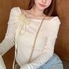 Camiseta de Moda Estilo Coreano Cangrejo de Cinco Caracteres Otoño Nuevo para Mujer Ajustada Manga Larga Irregular Color Sólido Top Corto