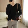 Top Feminino Simples Pequeno Gola V Camiseta Atacado Versátil Emagrecedor Temperamento Camada Base Primavera Outono Manga Longa Preto Feminino Algodão